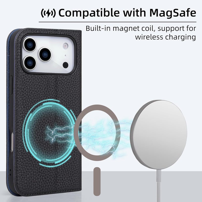 VISOUL Genuine Leather Wallet Case for iPhone 17 Pro 6.3-inch 5G 2025, RFID Blocking, Magnetic, Wireless Charging, 3 Card Holders, Kickstand, Shockproof TPU Shell, Protective-Black+Jewel Blue - Image 5