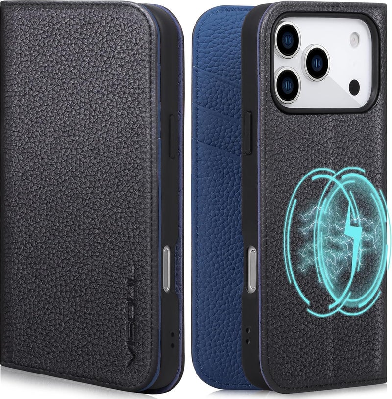 VISOUL Genuine Leather Wallet Case for iPhone 17 Pro 6.3-inch 5G 2025, RFID Blocking, Magnetic, Wireless Charging, 3 Card Holders, Kickstand, Shockproof TPU Shell, Protective-Black+Jewel Blue - Image 1