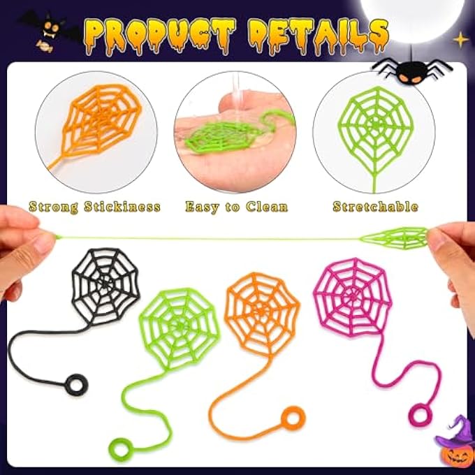 VICROIC 24 PCS Sticky Spider Web for Kids, 5.1 Inches Cobweb Sticky Hand Toys, Halloween Spider Party Favors for Goodie Bag Stuffers, Birthday, Classroom Prizes Supplies (4 Colors) - Image 3
