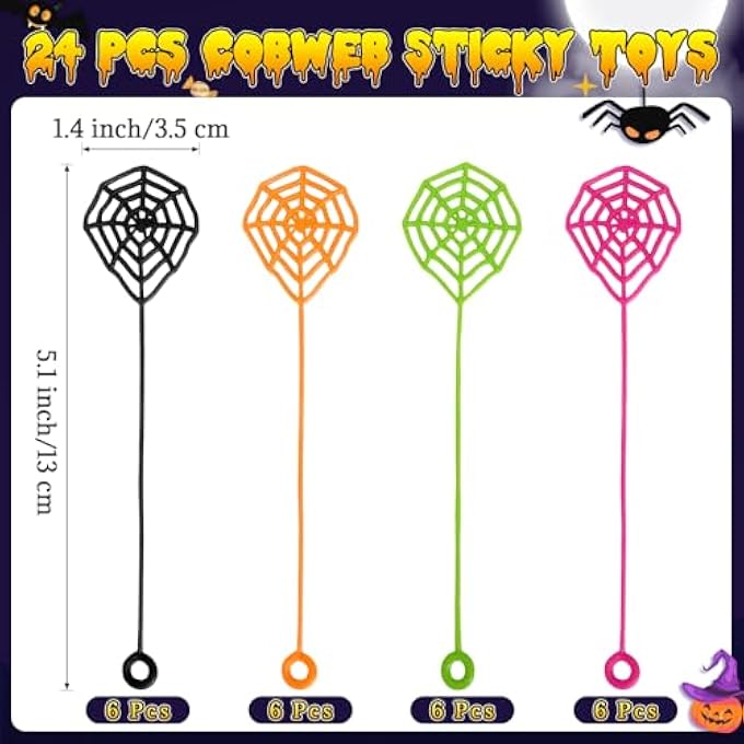 VICROIC 24 PCS Sticky Spider Web for Kids, 5.1 Inches Cobweb Sticky Hand Toys, Halloween Spider Party Favors for Goodie Bag Stuffers, Birthday, Classroom Prizes Supplies (4 Colors) - Image 2