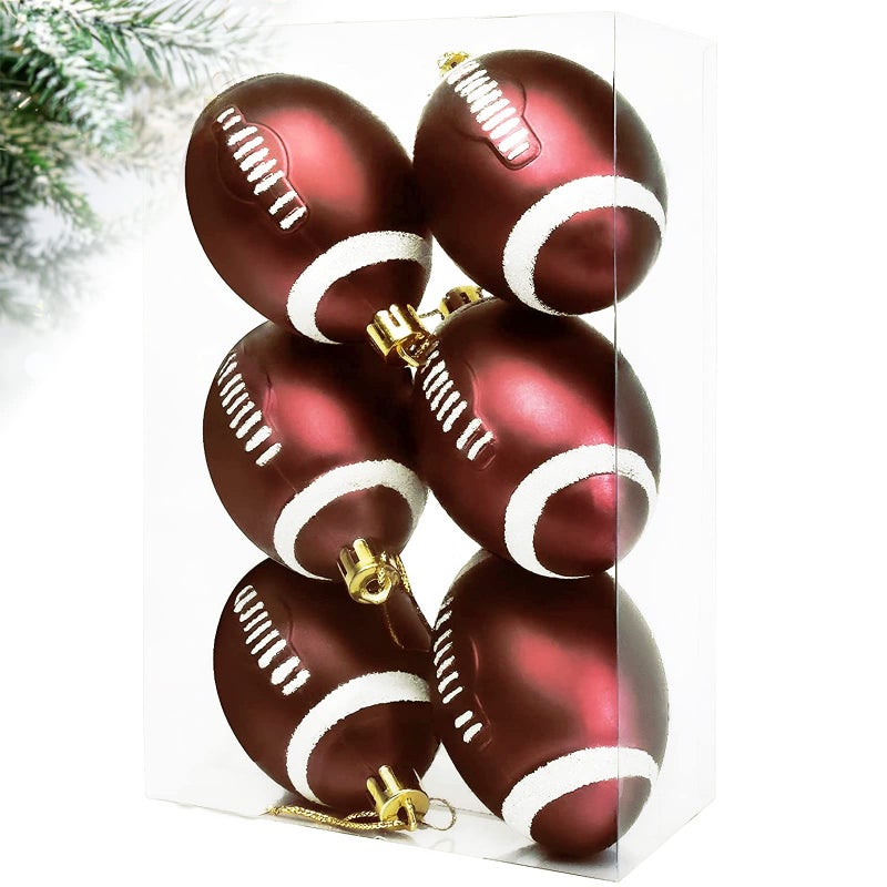 6Pcs Classic Football Baseball Xmas Ball Ornaments Collection Sports Theme Tree Decor Christmas Tree Skirt Decoration Supplies Red