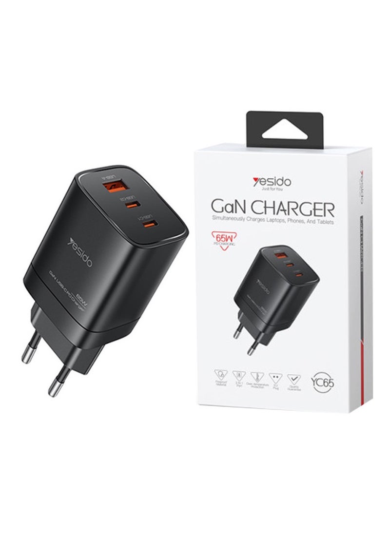 Yesido YC65 Low Temperatures 65W Fast Charging 2 USB-C & USB-A Three-port EU GaN Fast Charger  - Image 2