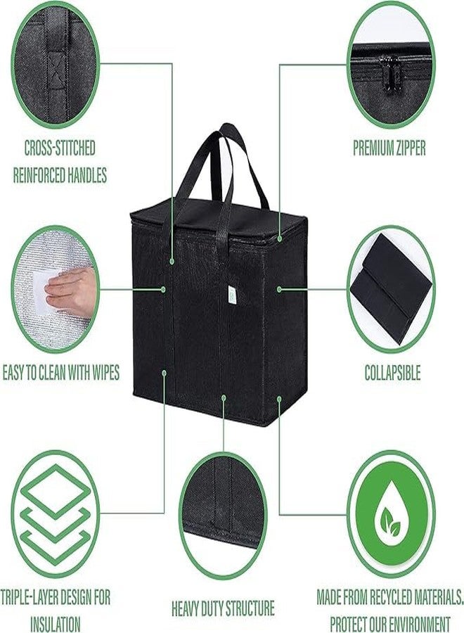 Whimsical Insulated Reusable Grocery Bag, Food Delivery Bag, Durable, Heavy Duty, Large Size, Stands Upright, Collapsible, Sturdy Zipper, Reusable and Sustainable (Black) - Image 3