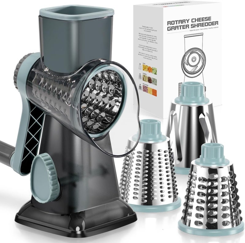 Badelite Cheese Grater Vegetable Cheese Shredder Slicer Grater for Kitchen 3 Changeable Blades for Cheese Potato Zucchini Nuts Chocolate (Grey Blue) - Image 1