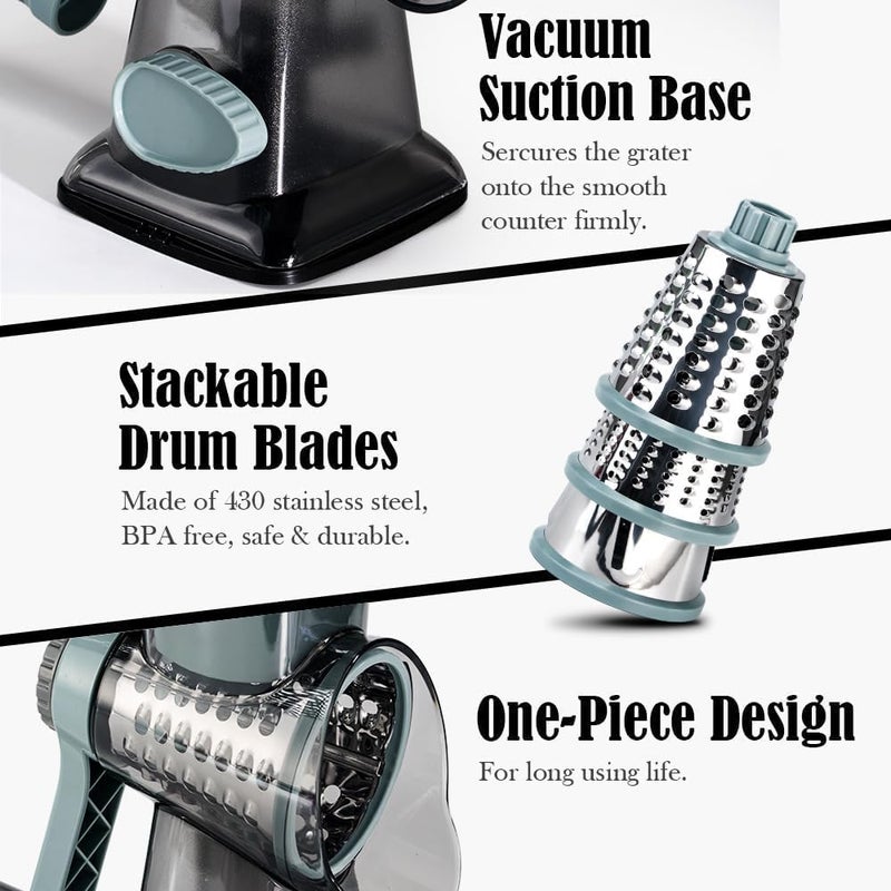 Badelite Cheese Grater Vegetable Cheese Shredder Slicer Grater for Kitchen 3 Changeable Blades for Cheese Potato Zucchini Nuts Chocolate (Grey Blue) - Image 5