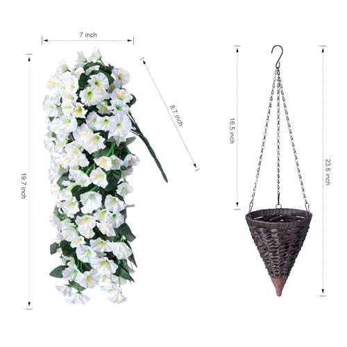 HyeFlora Artificial Faux Hanging White Flowers Plants Basket for Outdoor Outside, Fake UV Resistant Realistic White Morning Glory Flowers for Porch Home Balcony Yard Patio Decoration - Image 5