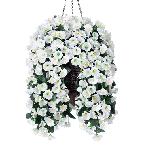HyeFlora Artificial Faux Hanging White Flowers Plants Basket for Outdoor Outside, Fake UV Resistant Realistic White Morning Glory Flowers for Porch Home Balcony Yard Patio Decoration - Image 1