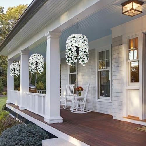 HyeFlora Artificial Faux Hanging White Flowers Plants Basket for Outdoor Outside, Fake UV Resistant Realistic White Morning Glory Flowers for Porch Home Balcony Yard Patio Decoration - Image 2