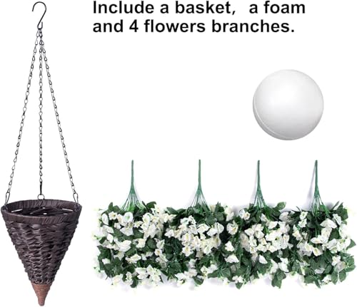 HyeFlora Artificial Faux Hanging White Flowers Plants Basket for Outdoor Outside, Fake UV Resistant Realistic White Morning Glory Flowers for Porch Home Balcony Yard Patio Decoration - Image 3