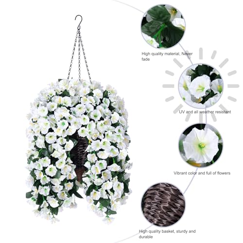 HyeFlora Artificial Faux Hanging White Flowers Plants Basket for Outdoor Outside, Fake UV Resistant Realistic White Morning Glory Flowers for Porch Home Balcony Yard Patio Decoration - Image 4