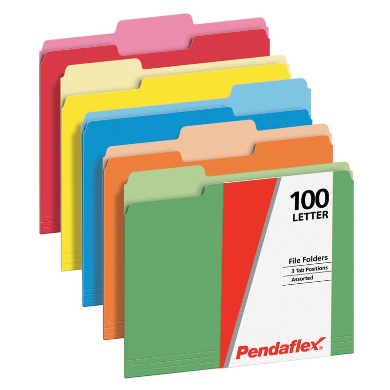 Pendaflex File Folders, 100 Pack, Letter Size (8.5" x 11"), 3 Tabs, Durable Paper, 5 Colors: Blue, Green, Red, Yellow, Orange, Coding for School, Office & Home Document Organization - Image 1