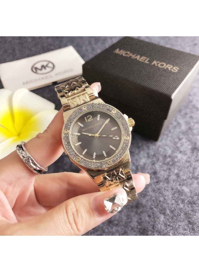 ام كي Michael Kors Women's Watch with Gold - Tone Stainless Steel Bracelet and Crystal - Encrusted Dark Dial