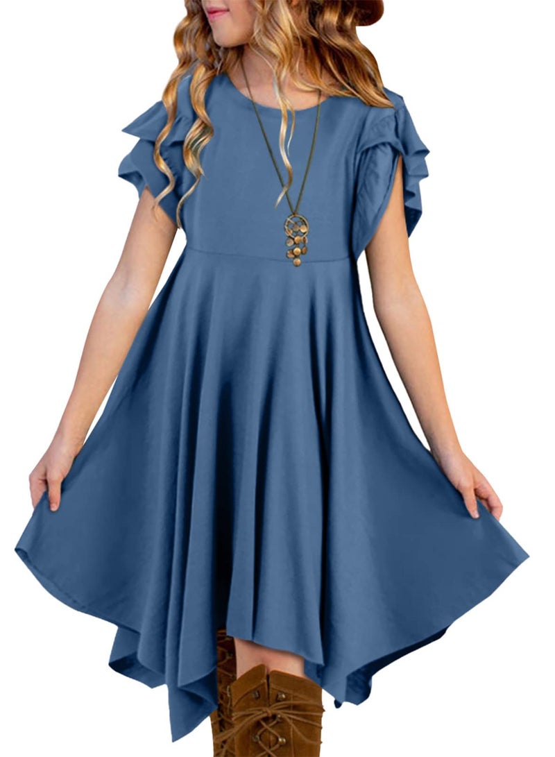 blibean Tween Girls Summer Dress Boho Short Sleeve Dresses Cute Clothes High Low Outfits Teen Trendy Clothing Size 12-13 Years Old Navy Blue - Image 1
