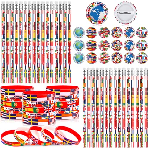 Supervitae 90 Pcs International World Flags Party Favor Accessory Include 30 Flags of World Nation Pencil 30 Rubber Wristband 30 Badge Button Pin for Travel Trip Around The Globe Back to School Decor - Image 1