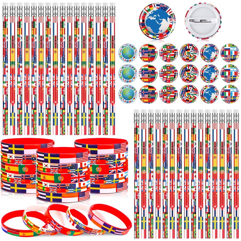 Supervitae 90 Pcs International World Flags Party Favor Accessory Include 30 Flags of World Nation Pencil 30 Rubber Wristband 30 Badge Button Pin for Travel Trip Around The Globe Back to School Decor - Image 3