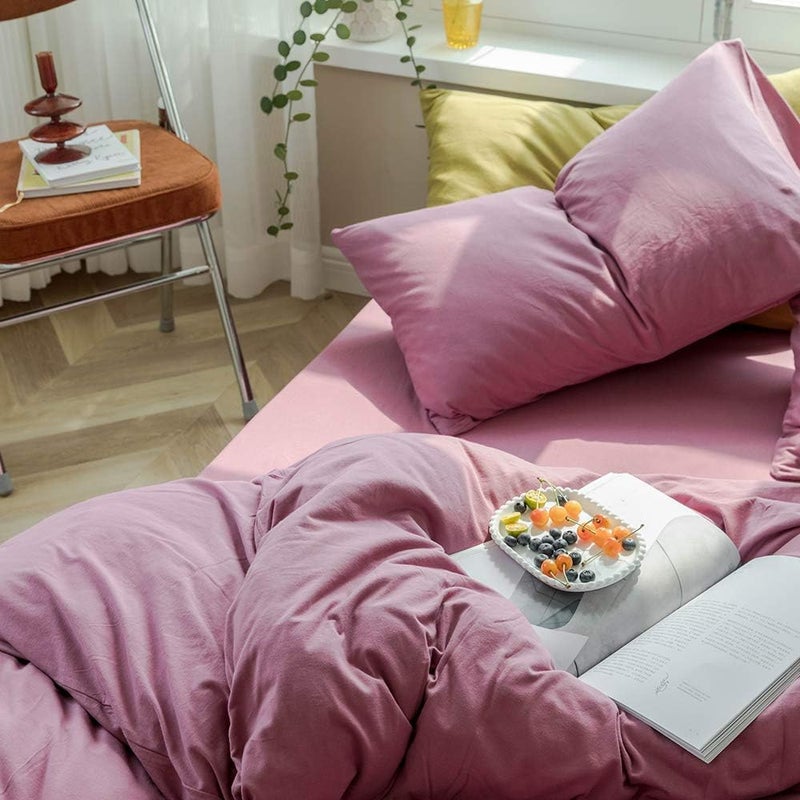 AMWAN Modern Purple Mauve Solid Cotton Duvet Cover with 2 Pillowcases, King Size, Knit Comforter Cover, Luxurious Bedding Set - Image 5