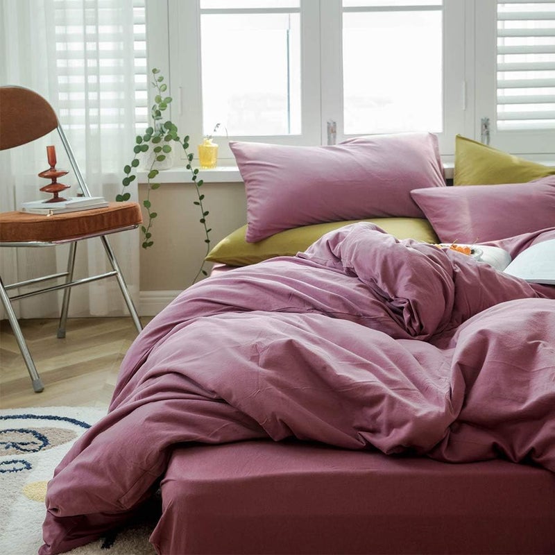 AMWAN Modern Purple Mauve Solid Cotton Duvet Cover with 2 Pillowcases, King Size, Knit Comforter Cover, Luxurious Bedding Set - Image 4