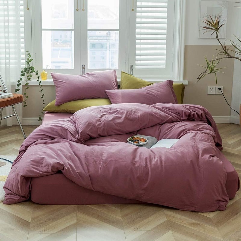 AMWAN Modern Purple Mauve Solid Cotton Duvet Cover with 2 Pillowcases, King Size, Knit Comforter Cover, Luxurious Bedding Set - Image 1