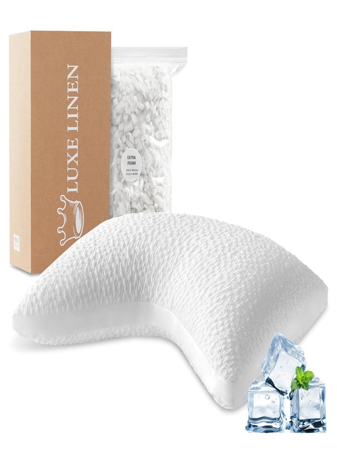 Luxe Linen Side Sleeper Pillows for Adults, Adjustable Shredded Memory Foam Bed Pillows for Neck and Shoulder Pain, Standard White Cooling Curved Pillows with Washable Cover & Extra Foam Bag - Image 1