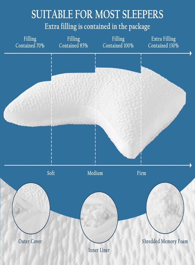 Luxe Linen Side Sleeper Pillows for Adults, Adjustable Shredded Memory Foam Bed Pillows for Neck and Shoulder Pain, Standard White Cooling Curved Pillows with Washable Cover & Extra Foam Bag - Image 4