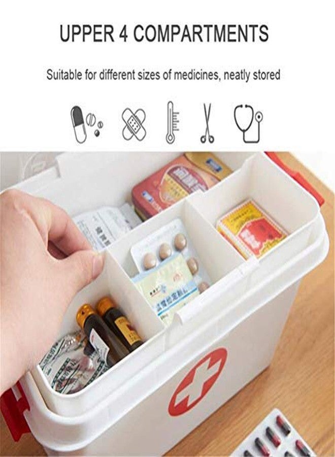 ONTRIP Portable Double Layers Medicine Cabinet Household First Aid Kit Medical Box Household Plastic Pill Storage Box with Detachable Tray and Handle, 30x20x16cm(White and Red) - Image 2