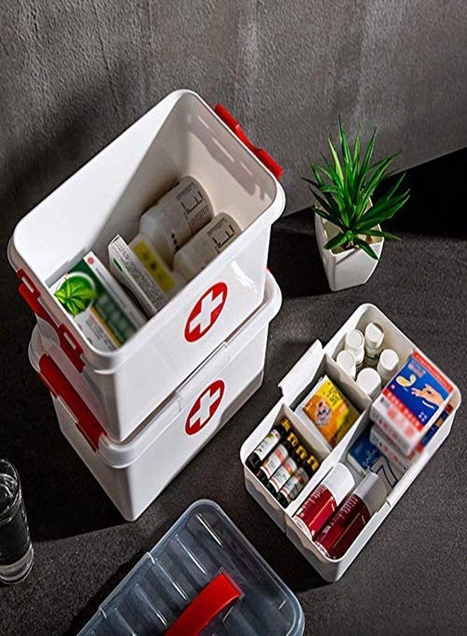 ONTRIP Portable Double Layers Medicine Cabinet Household First Aid Kit Medical Box Household Plastic Pill Storage Box with Detachable Tray and Handle, 30x20x16cm(White and Red) - Image 4