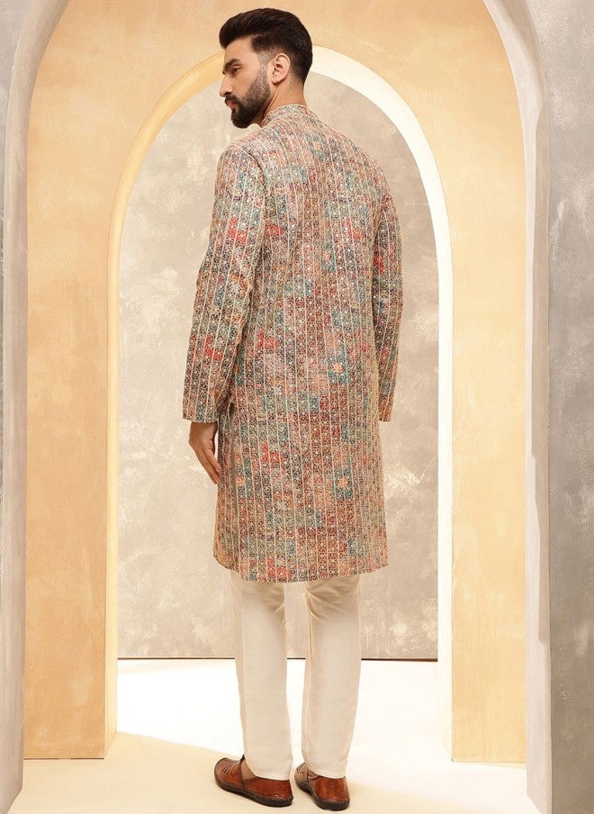Sojanya Floral Embroidered Zari Cotton Silk Kurta for Men - Image 4