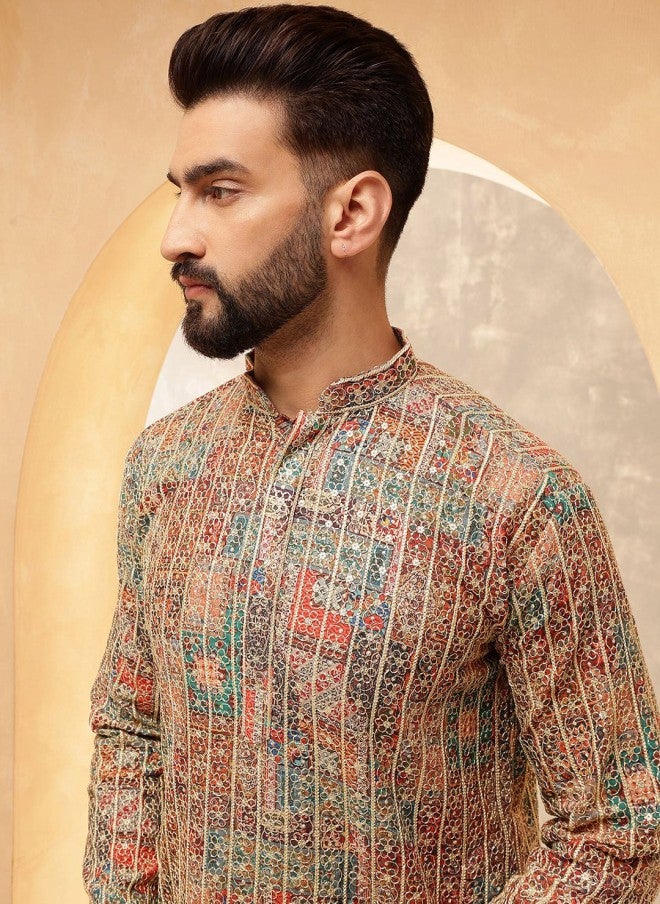 Sojanya Floral Embroidered Zari Cotton Silk Kurta for Men - Image 2