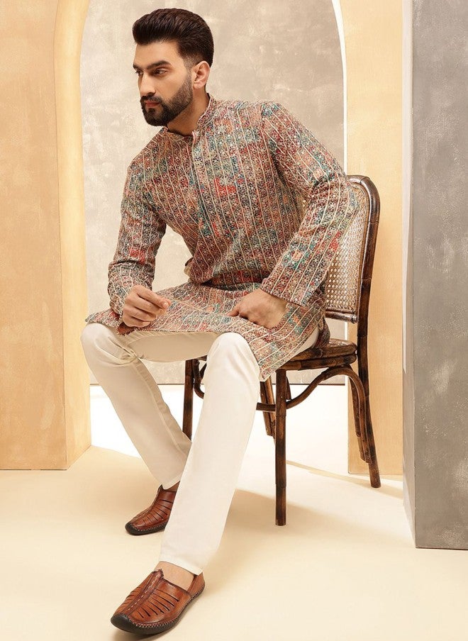 Sojanya Floral Embroidered Zari Cotton Silk Kurta for Men - Image 5