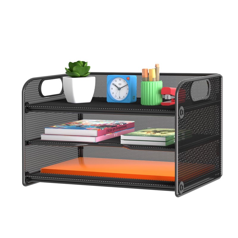 Samstar 3 Tier Letter Tray Paper Organizer with Handle Mesh Desk Organizer Paper Sorter File Rack Shelves Black