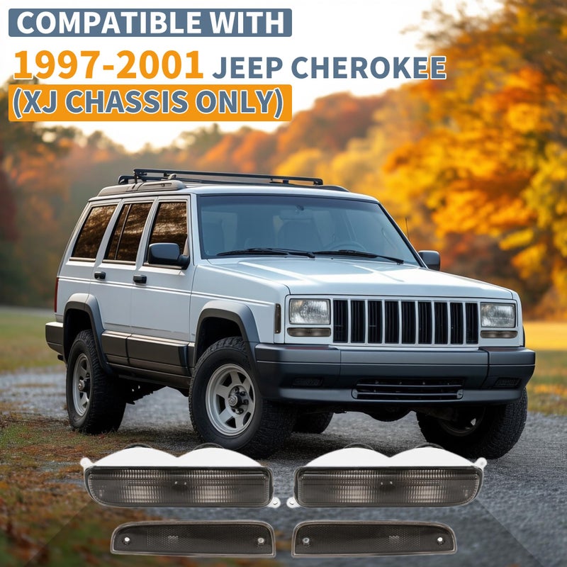 ECOTRIC Bumper Turn Signal Lights +Corner Side Marker Lamps Compatible with 1997-2001 Jeep Cherokee XJ Smoke Lens 4Pcs - Image 2