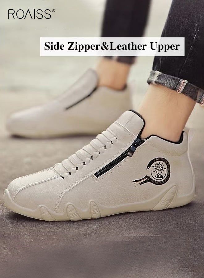 roaiss Men Casual Waterproof Anti Slip Leather Shoes, Wear Resistant Short Boots with Side Zipper Comfort Slip on Outdoors Sports Hiking Shoes High Cut Round Toe Sneakers with Soft Breathable Lining Beige - Image 1