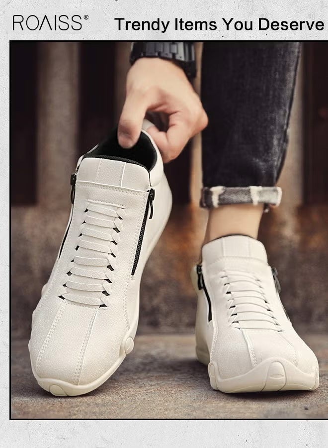 roaiss Men Casual Waterproof Anti Slip Leather Shoes, Wear Resistant Short Boots with Side Zipper Comfort Slip on Outdoors Sports Hiking Shoes High Cut Round Toe Sneakers with Soft Breathable Lining Beige - Image 3