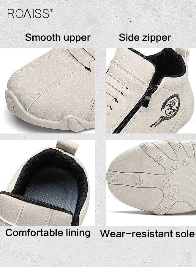 roaiss Men Casual Waterproof Anti Slip Leather Shoes, Wear Resistant Short Boots with Side Zipper Comfort Slip on Outdoors Sports Hiking Shoes High Cut Round Toe Sneakers with Soft Breathable Lining Beige - Image 5