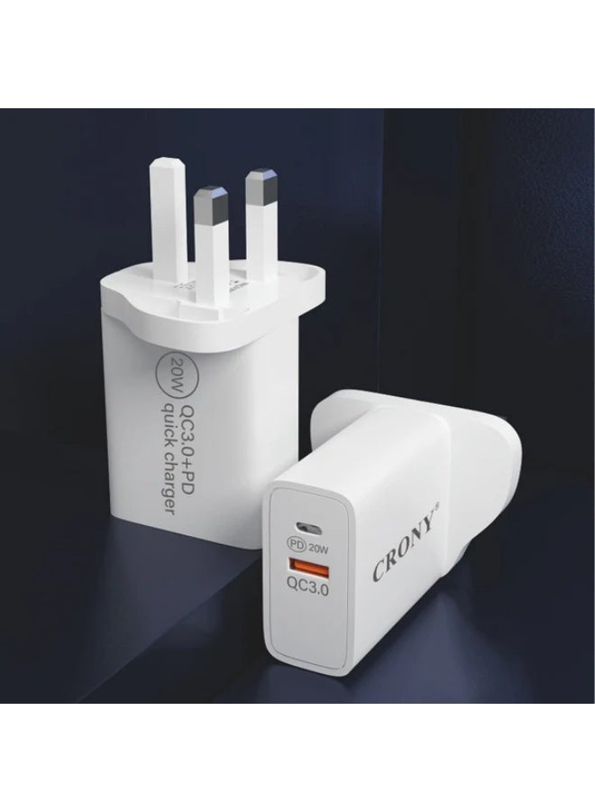 كروني شاحن سريع كروني 004 Pd20w و Qc3.0 بتقنية Pps، قابس المملكة المتحدة، محول شاحن حائط مدمج مزدوج المنفذ لأجهزة iPhone 14/13/12/11 Pro Max وSamsung Galaxy وXiaomi والهواتف الذكية والأجهزة اللوحية - Image 2