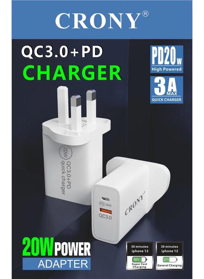 كروني شاحن سريع كروني 004 Pd20w و Qc3.0 بتقنية Pps، قابس المملكة المتحدة، محول شاحن حائط مدمج مزدوج المنفذ لأجهزة iPhone 14/13/12/11 Pro Max وSamsung Galaxy وXiaomi والهواتف الذكية والأجهزة اللوحية - Image 3