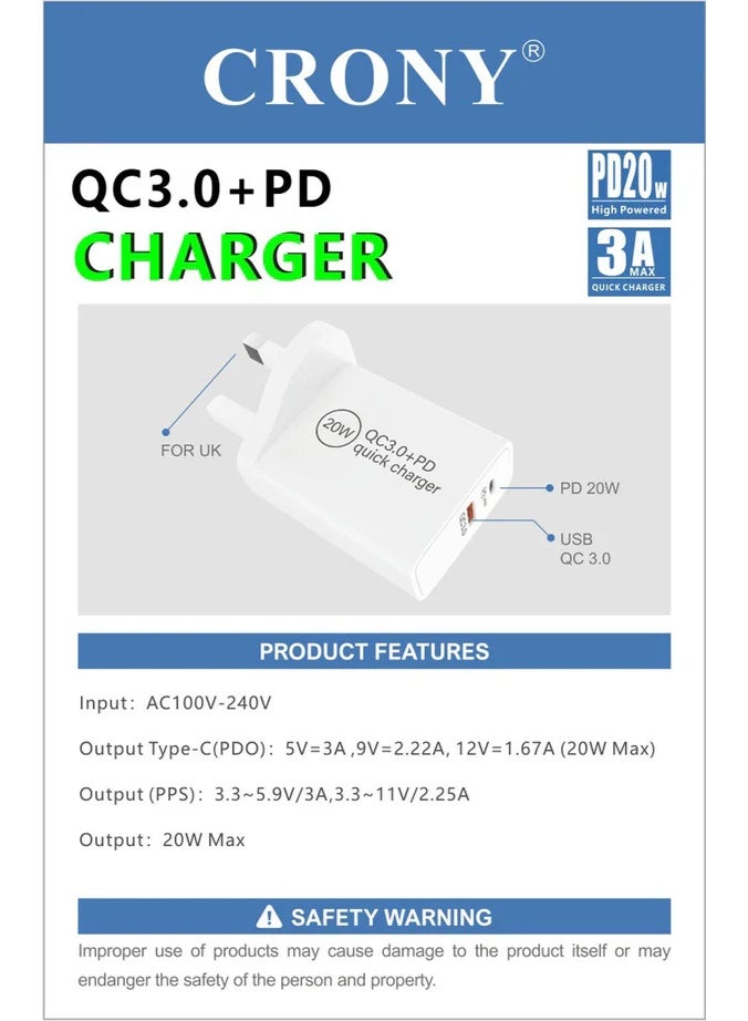 كروني شاحن سريع كروني 004 Pd20w و Qc3.0 بتقنية Pps، قابس المملكة المتحدة، محول شاحن حائط مدمج مزدوج المنفذ لأجهزة iPhone 14/13/12/11 Pro Max وSamsung Galaxy وXiaomi والهواتف الذكية والأجهزة اللوحية - Image 4
