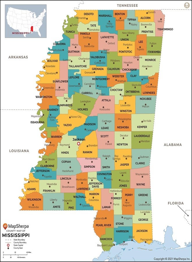 MapSherpa Mississippi Counties Map - Standard - 36" x 40.5" Laminated - Image 1