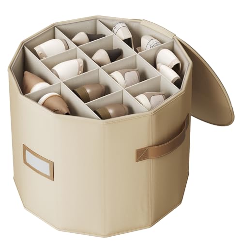 Vailando Shoe Organizer for Closet  Cylindrical Shoe Storage Organizer with Removable Dividers Rectangular Compartment Foldable Beige 1Pack