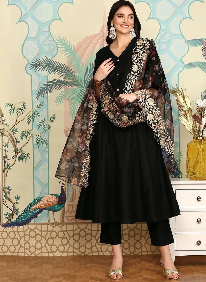 ISHIN Women'S Black Polyester Blend Self Design Full Length Palazzo Kurta Set