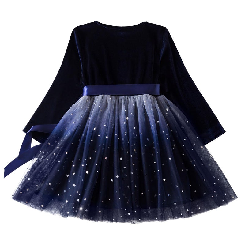 Nileafes Flower Girl Tulle Star Sequin Velvet Dress Long Sleeve Party Princess Vintage Christmas Winter Fall Clothes Size 4Y (3-4 Years,115-Navy Blue) - Image 4
