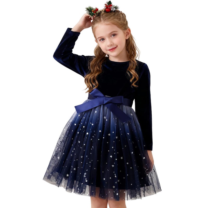 Nileafes Flower Girl Tulle Star Sequin Velvet Dress Long Sleeve Party Princess Vintage Christmas Winter Fall Clothes Size 4Y (3-4 Years,115-Navy Blue) - Image 1