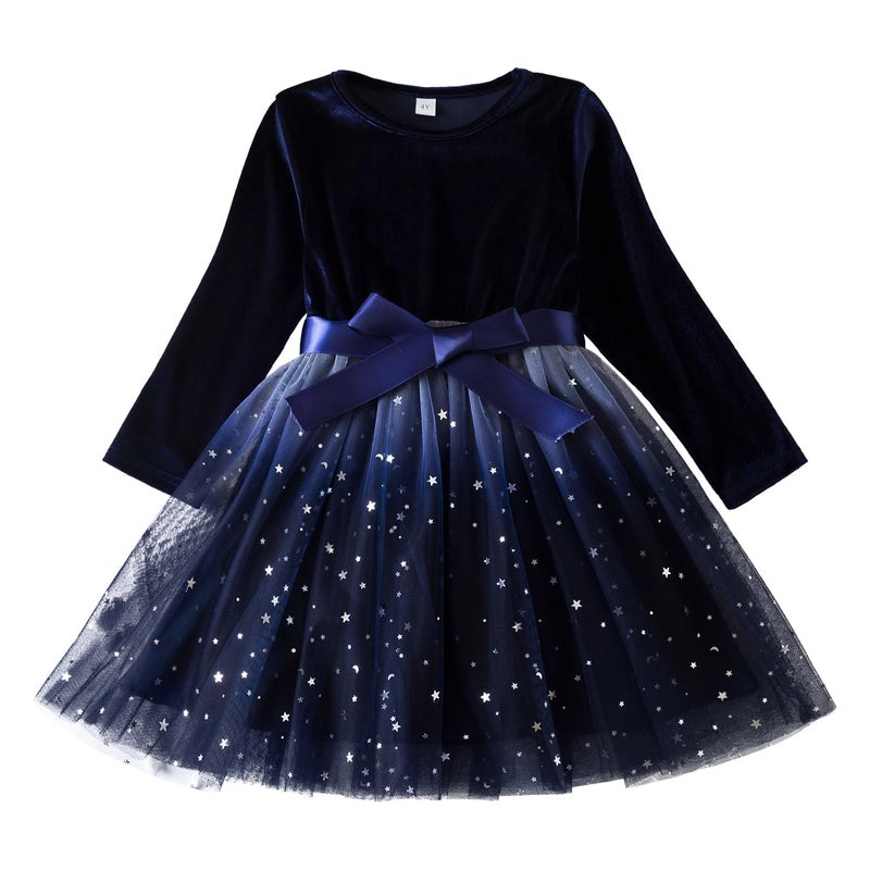 Nileafes Flower Girl Tulle Star Sequin Velvet Dress Long Sleeve Party Princess Vintage Christmas Winter Fall Clothes Size 4Y (3-4 Years,115-Navy Blue) - Image 3