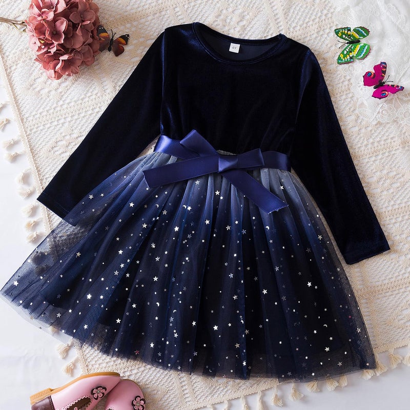 Nileafes Flower Girl Tulle Star Sequin Velvet Dress Long Sleeve Party Princess Vintage Christmas Winter Fall Clothes Size 4Y (3-4 Years,115-Navy Blue) - Image 2