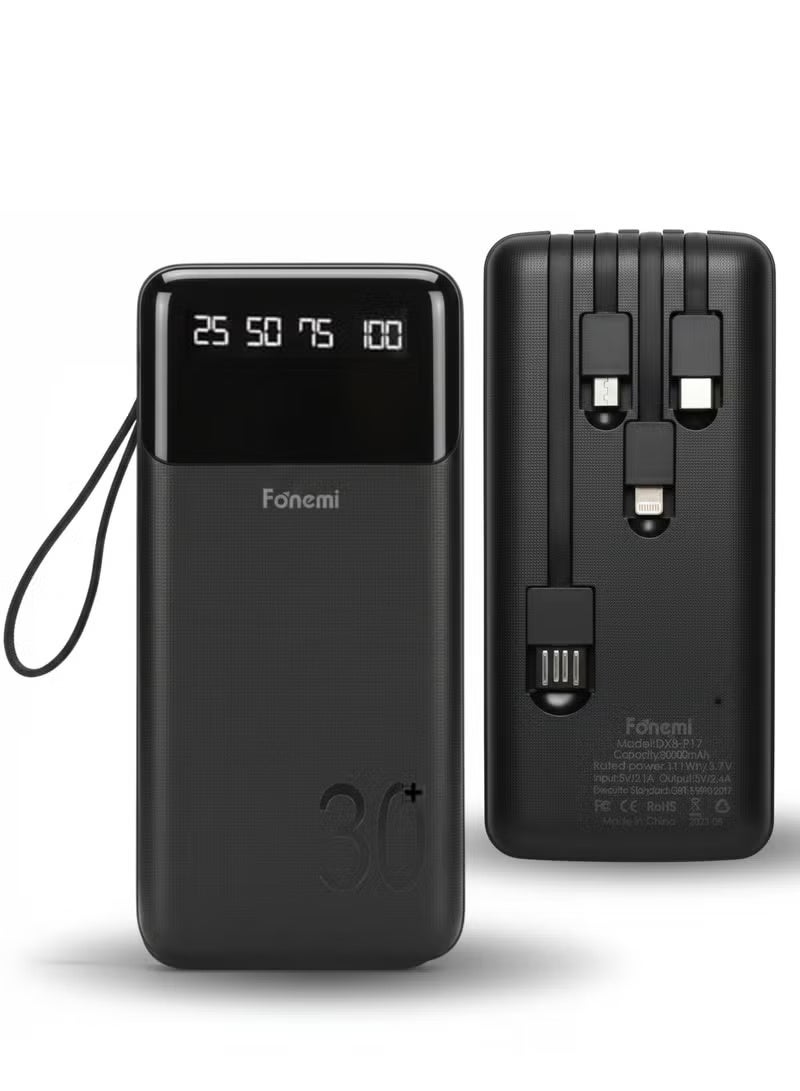 Fonemi 30000mAh Portable Power Bank 22.5W Fast Charging with 4 Built-in Cables (Type-C, Lightning, Micro USB & USB), Digital LED Display, Smart Protection & Handle for Multi-Device Charging – Black - Image 1