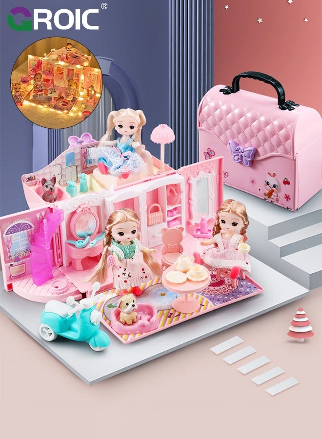 GROIC Handbag Dollhouse for kids, Doll Houses Portable Backpack with Doll Toy House with LED Light, 2 Figures, Playhouse Set Birthday Toys for Girls Kindergarten Toddlers Preschoolers  - Image 1