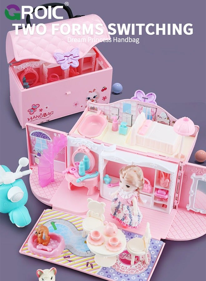 GROIC Handbag Dollhouse for kids, Doll Houses Portable Backpack with Doll Toy House with LED Light, 2 Figures, Playhouse Set Birthday Toys for Girls Kindergarten Toddlers Preschoolers  - Image 2