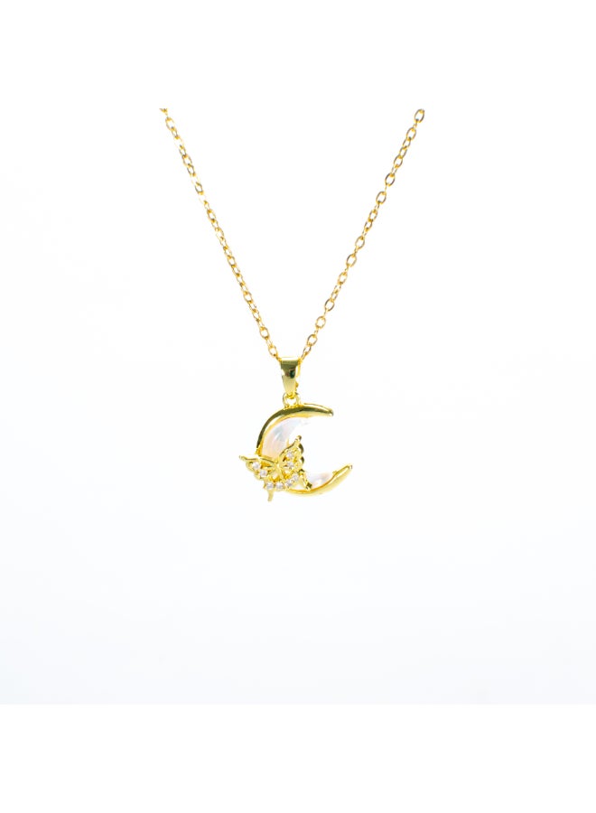The Black Pearl Accessories Cresent & Zirconic Butterfly Stainless Steel Golden Pendant Necklace - Image 1