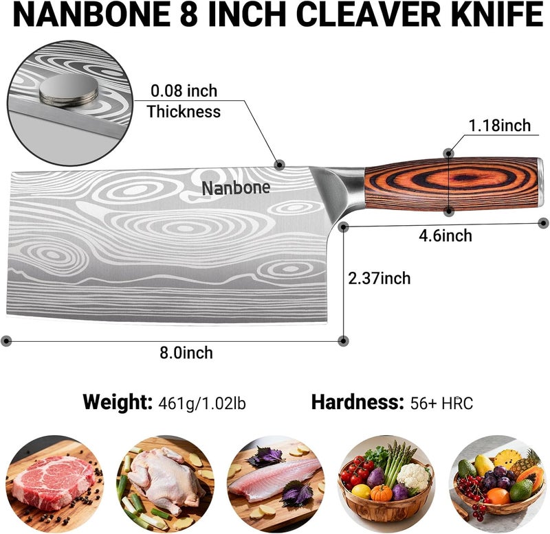 Nanbone Meat Cleaver Knife Ultra Sharp Kitchen Knife 8 Inch, High Carbon Stainless Steel Butcher Knife with Wooden Handle, Chinese Cleaver for Meat Cutting Vegetable Slicing Perfect Birthday Gifts - Image 2