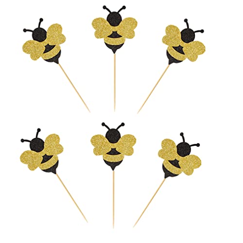 OBUY 24 Pack Glitter Bumble Bee Cupcake Toppers for Gender Reveal Party Decorations and Baby Shower Party Decorations - Image 1